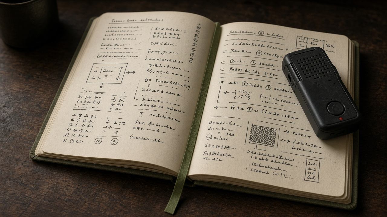 Open research notebook with coded interview annotations