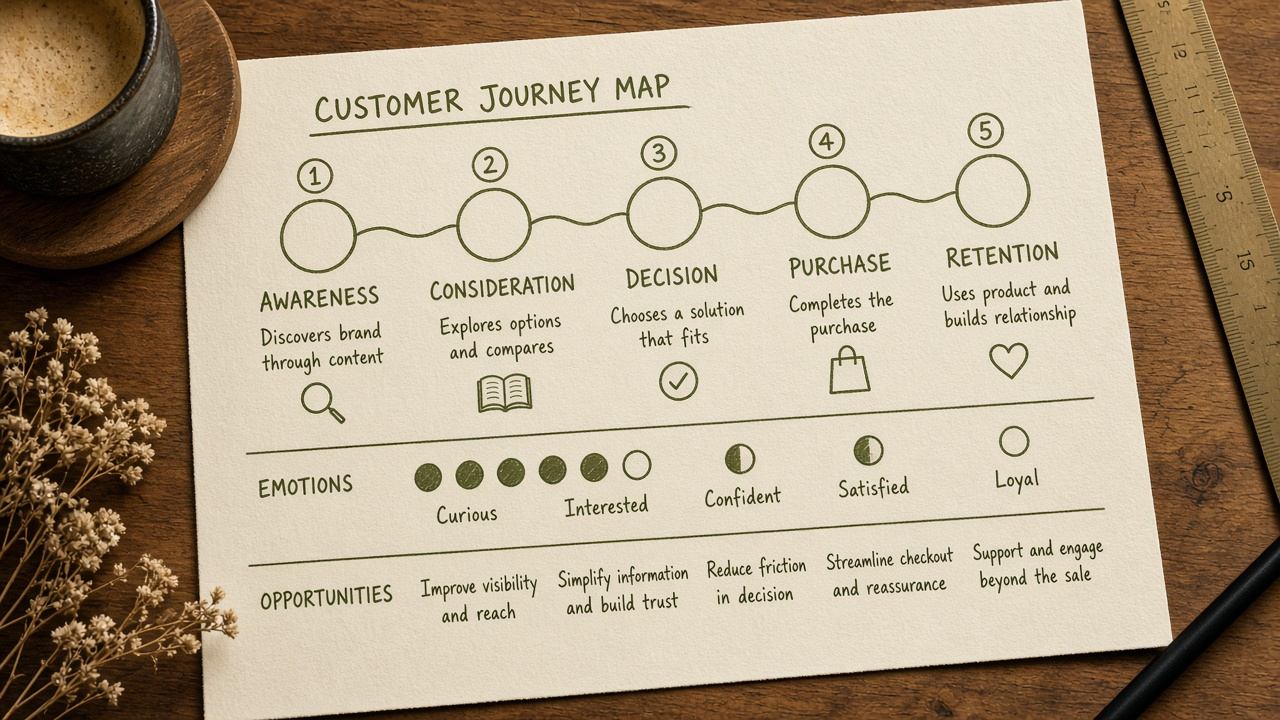 Customer journey touchpoints sketched on cream paper